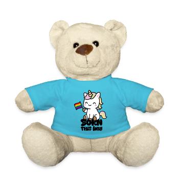 Kleines Einhorn mit Regenbogenfahne "Born this Way - Teddy - Atollblau - Vorne