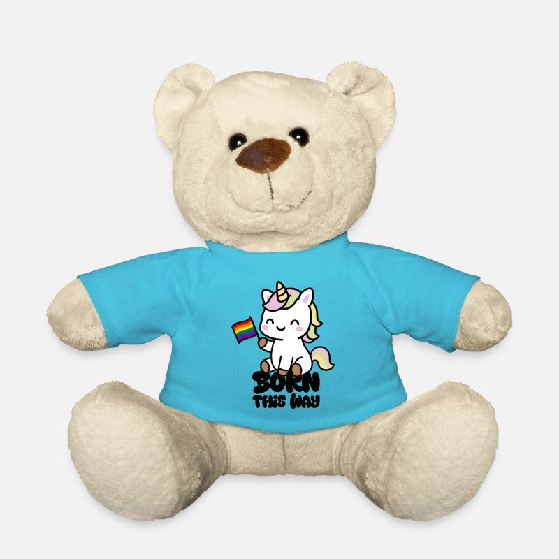 Kleines Einhorn mit Regenbogenfahne "Born this Way - Teddy - Atollblau