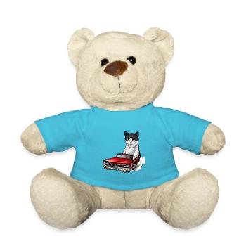 Un chat européen à poil court conduit une voiture de sport rouge - Nounours - bleu outremer - Devant
