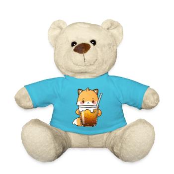 Kawaii süßer glücklicher bunter Fuchs trinkt Bubble Tea - Teddy - Atollblau - Vorne