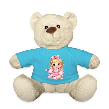 Baby Girl with Pink Bow and Bottle - Teddy Bear - atoll blue - Front
