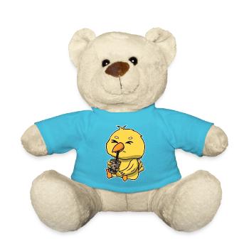 Anime Kawaii Bubble Tea Drinking Yellow Bird - Teddy Bear - atoll blue - Front