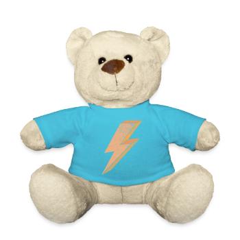 Blitzsymbol in warmem Orange 3D - Teddy - Atollblau - Vorne
