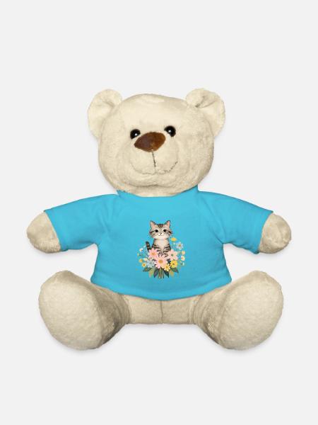 Katze mit Blumen - niedliches Tiermotiv - Teddy - Atollblau