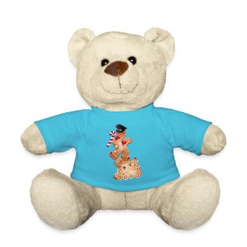 Gingerbread man as engine driver on the gingerbread locomotive - Teddy Bear - atoll blue - Front