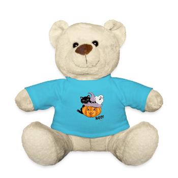 Lächelnder Kürbis mit schwarzer Katze und Geist - Teddy - Atollblau - Vorne