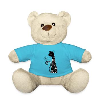 Black cat with flower - Teddy Bear - atoll blue - Front