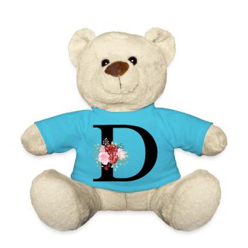 Red Floral Letter D - Teddy Bear - atoll blue - Front