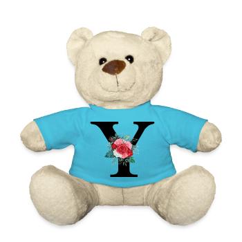Red Floral Y Letter - Teddy Bear - atoll blue - Front