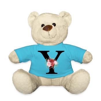 Red Floral Y Letter - Teddy Bear - atoll blue - Front