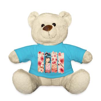 Kirschblüten Kimono Panel Portrait - Teddy - Atollblau - Vorne