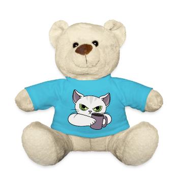 Cat with cup / bad mood / morning grouch - Teddy Bear - atoll blue - Front