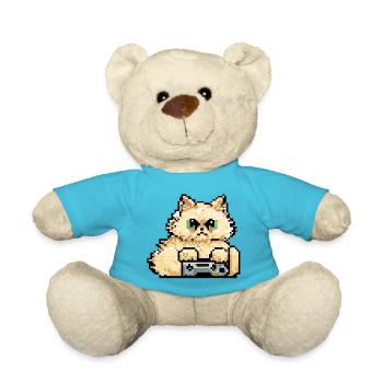 Perserkatze Negan beim Gaming in Pixelart - Teddy - Atollblau - Vorne