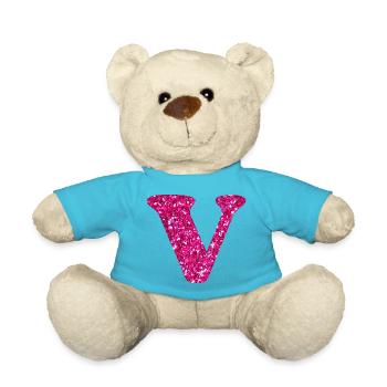 Buchstabe V Rosa Glitzer - Teddy - Atollblau - Vorne