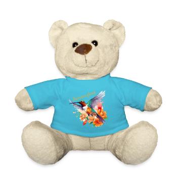 Hummingbird Flowers Bird Animal Art Watercolor Colorful - Teddy Bear - atoll blue - Front