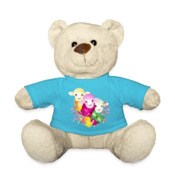 Trois moutons colorés avec des pelotes de laine et des aiguilles à tricoter - Nounours - bleu outremer - Devant