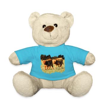 Two shaggy highland calves in the pasture - Teddy Bear - atoll blue - Front