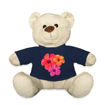 Tropical Hibiscus Threesome in Red, Orange & Pink - Teddy Bear - french navy - Front