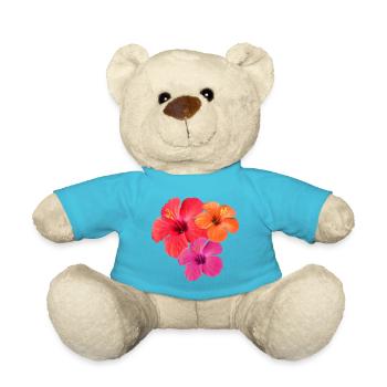 Tropical Hibiscus Threesome in Red, Orange & Pink - Teddy Bear - atoll blue - Front