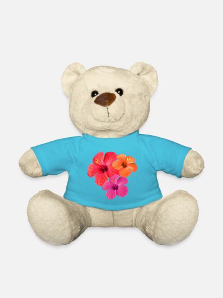 Trio d’hibiscus tropical en rouge, orange et rose - Nounours - bleu outremer