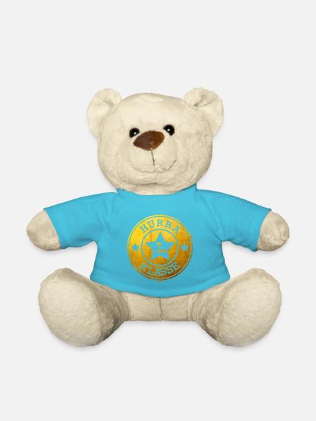 Hurra 1. Klasse - goldenes Emblem mit Stern - Teddy - Atollblau