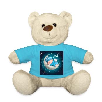 Schlafender Junge auf dem Mond mit einer Eule. - Teddy - Atollblau - Vorne