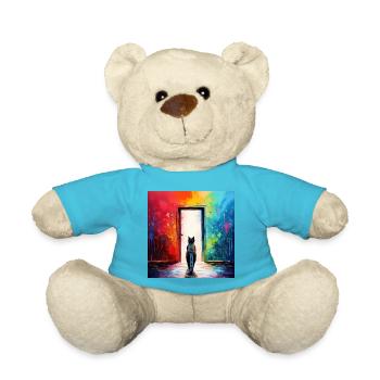 Eine Katze vor einer Tür aus Glas - Teddy - Atollblau - Vorne