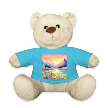 Sonnenuntergang über den Bergen, dem See und den Blumen - Teddy - Atollblau - Vorne
