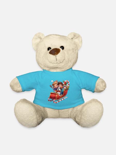 Kinder mit Hund auf Weihnachts-Schlitten - Teddy - Atollblau