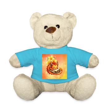 Sleepy dragon on flowered book - Teddy Bear - atoll blue - Front