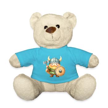 Kleiner Wikinger mit Schild & Axt – Kawaii-Comic - Teddy - Atollblau - Vorne