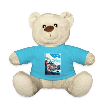 Bergan Norway Oslo Vintage Travel Poster Souvenir - Teddy Bear - atoll blue - Front