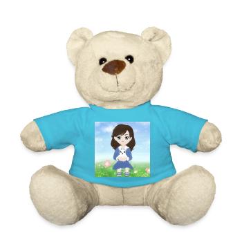 Petite fille brune avec son lapin - Nounours - bleu outremer - Devant