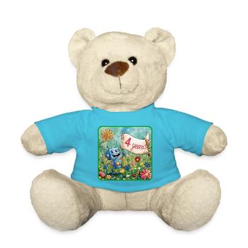 4 Jahre, 4. Geburtstag Roboter auf Blumenwiese - Teddy - Atollblau - Vorne