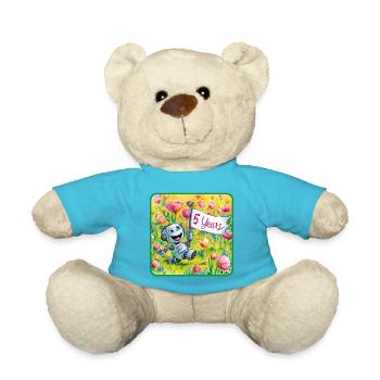5 Jahre, 5. Geburtstag Roboter auf Blumenwiese - Teddy - Atollblau - Vorne