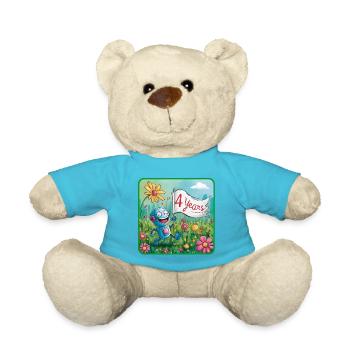 4 Jahre, 4. Geburtstag Roboter auf Blumenwiese - Teddy - Atollblau - Vorne