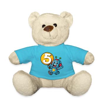 Finally 5 Years Five Fifth Birthday Robot - Teddy Bear - atoll blue - Front