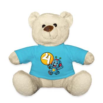 Finally 4 Years Four Fourth Birthday Robot - Teddy Bear - atoll blue - Front