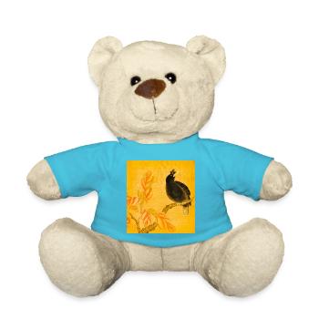 Schwarzer Singvogel auf gelben Blüten - Teddy - Atollblau - Vorne