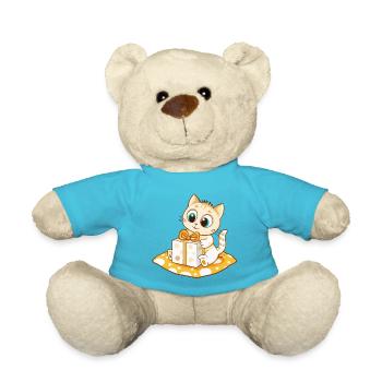 Niedliche Katze packt Geschenk aus - Teddy - Atollblau - Vorne