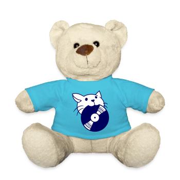 DJ Katze mit Schallplatte im Mund isst Vinyl Party - Teddy - Atollblau - Vorne