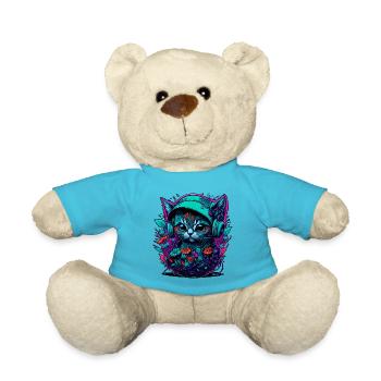 Chat bébé dans la mer de fleurs, en écoutant de la musique - Nounours - bleu outremer - Devant