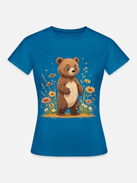 Kuschelbär in Blütenwiese - Frauen T-Shirt - Antikblaues Saphir meliert