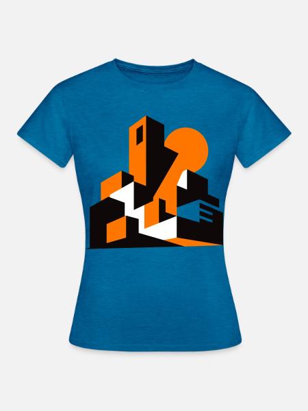 Geometrische Stadtsilhouette Orange - Frauen T-Shirt - Antikblaues Saphir meliert
