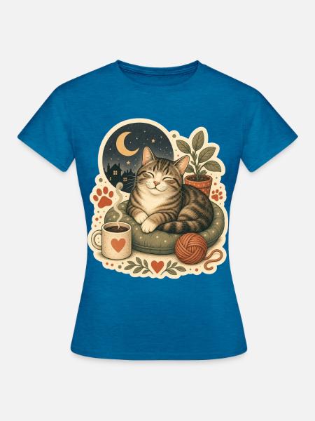 Gemütliche Katze Kaffee Garn - Frauen T-Shirt - Antikblaues Saphir meliert