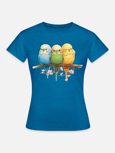 Lustige Wellensittiche - Frauen T-Shirt - Antikblaues Saphir meliert