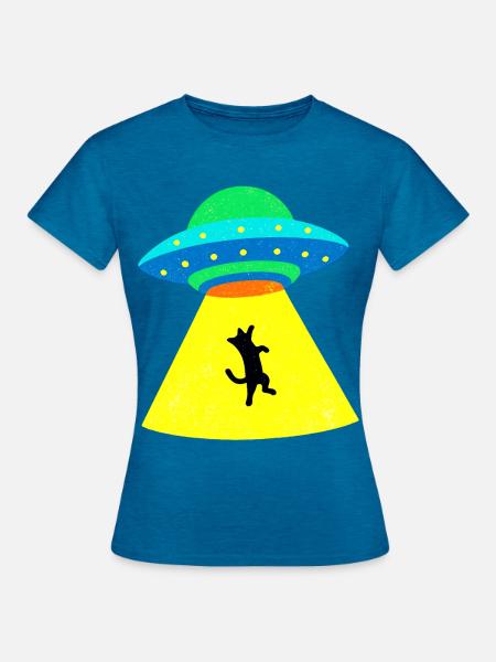 Katze wird vom UFO entführt - Frauen T-Shirt - Antikblaues Saphir meliert