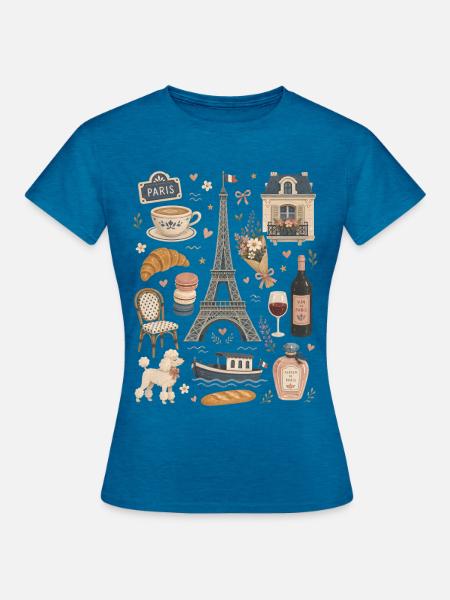 Paris | Eiffelturm, Café & Romantik - Frauen T-Shirt - Antikblaues Saphir meliert