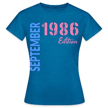 Anniversaire de septembre 1986 - T-shirt Femme - bleu saphir antique chiné - Devant - AI Model Female 172 dark (172cm)