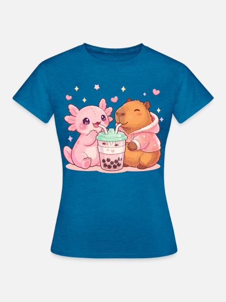 Axolotl, Capybara, Kawaii - Frauen T-Shirt - Antikblaues Saphir meliert